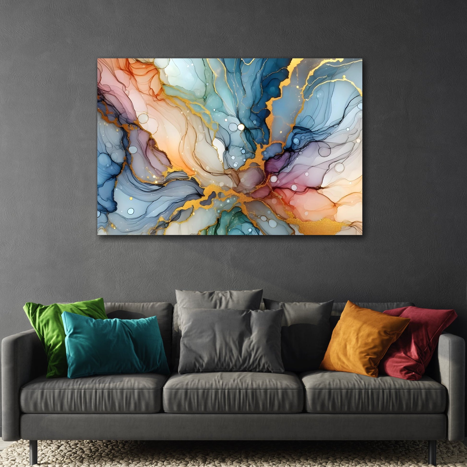 Aqua Fusion: Abstract Art Canvas Print with Gold Leaf Accents - Contemporary Wall Art for Modern Home Decor