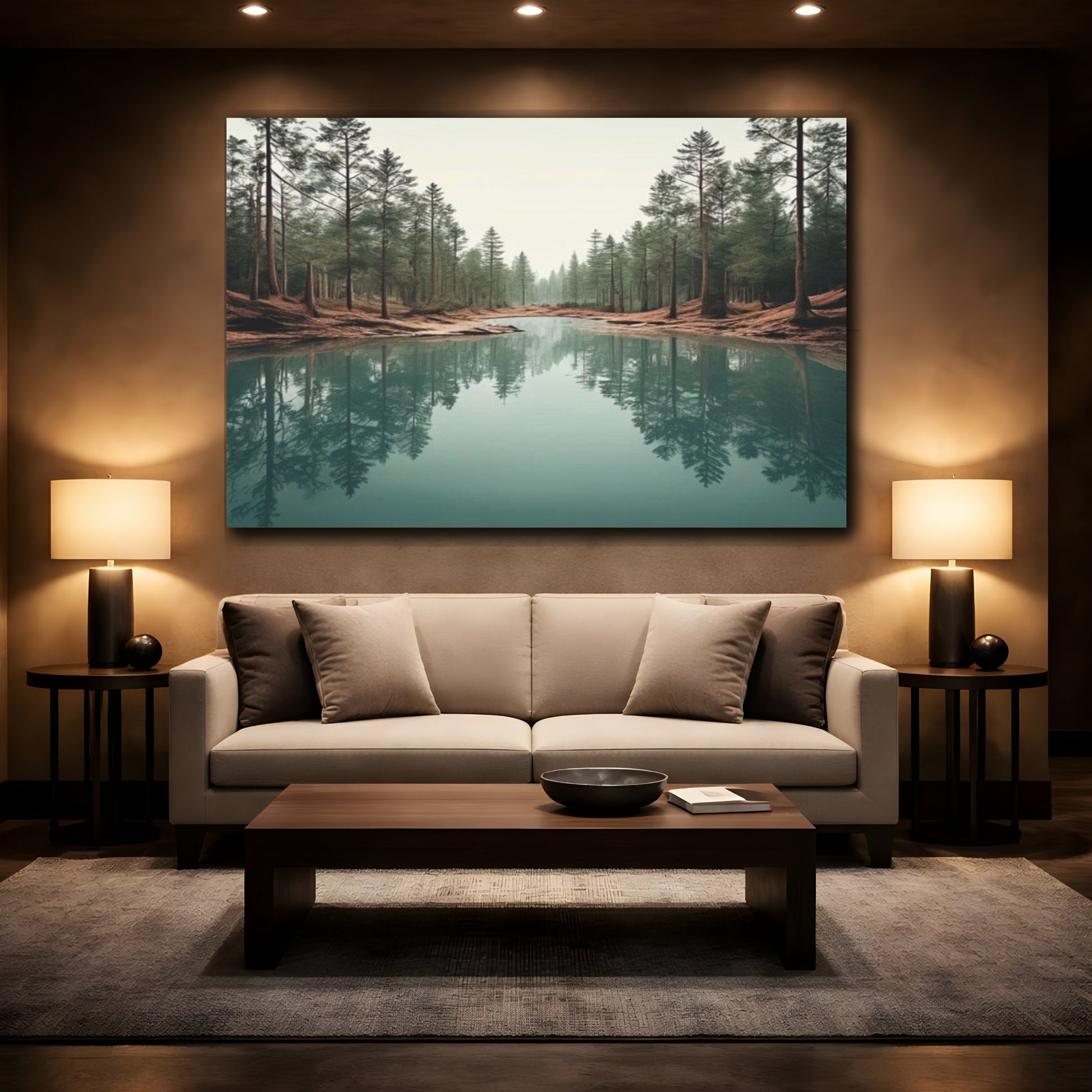 Mockup 2. Aquamarine Forest Reflection shown as canvas print