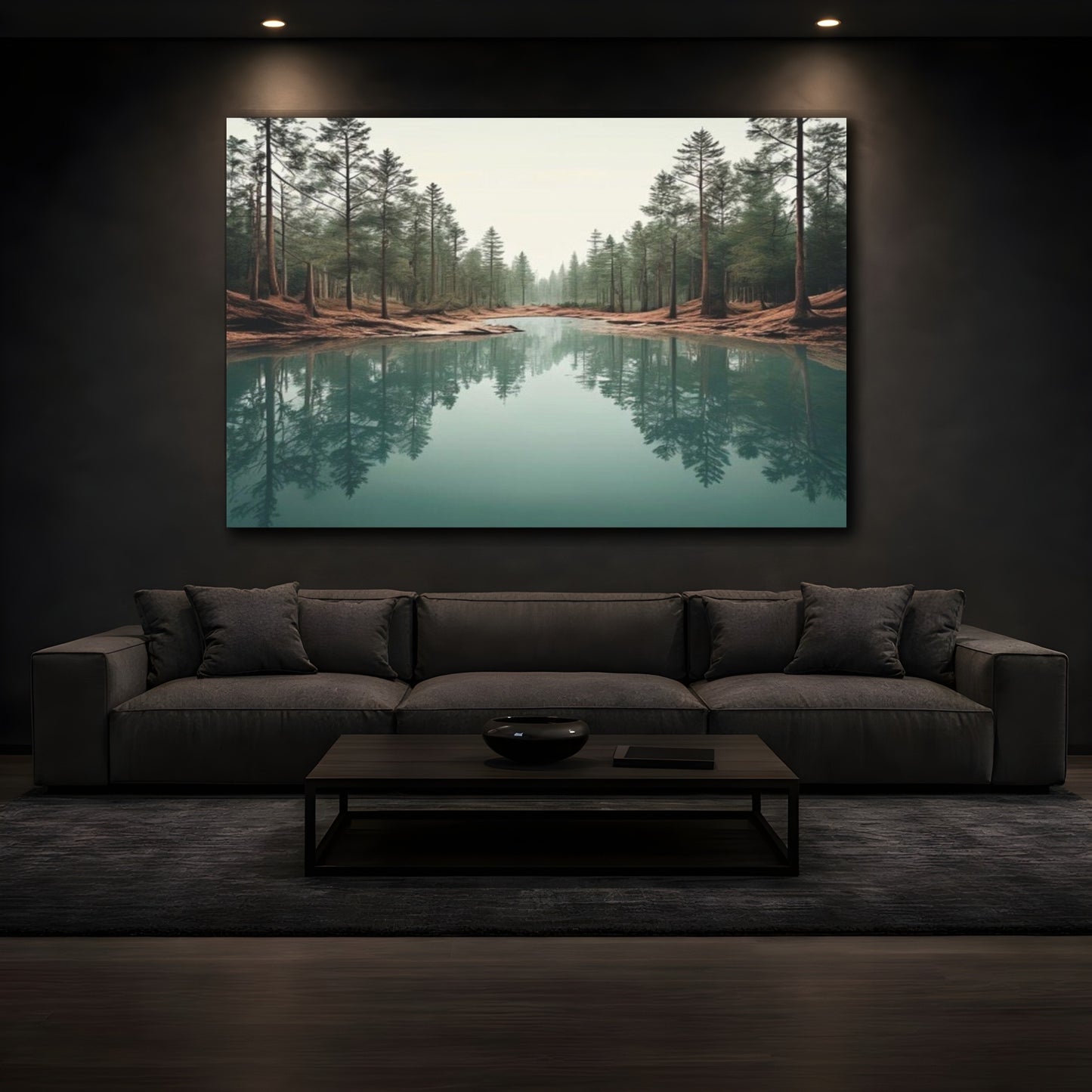 Mockup 3. Aquamarine Forest Reflection shown as canvas print