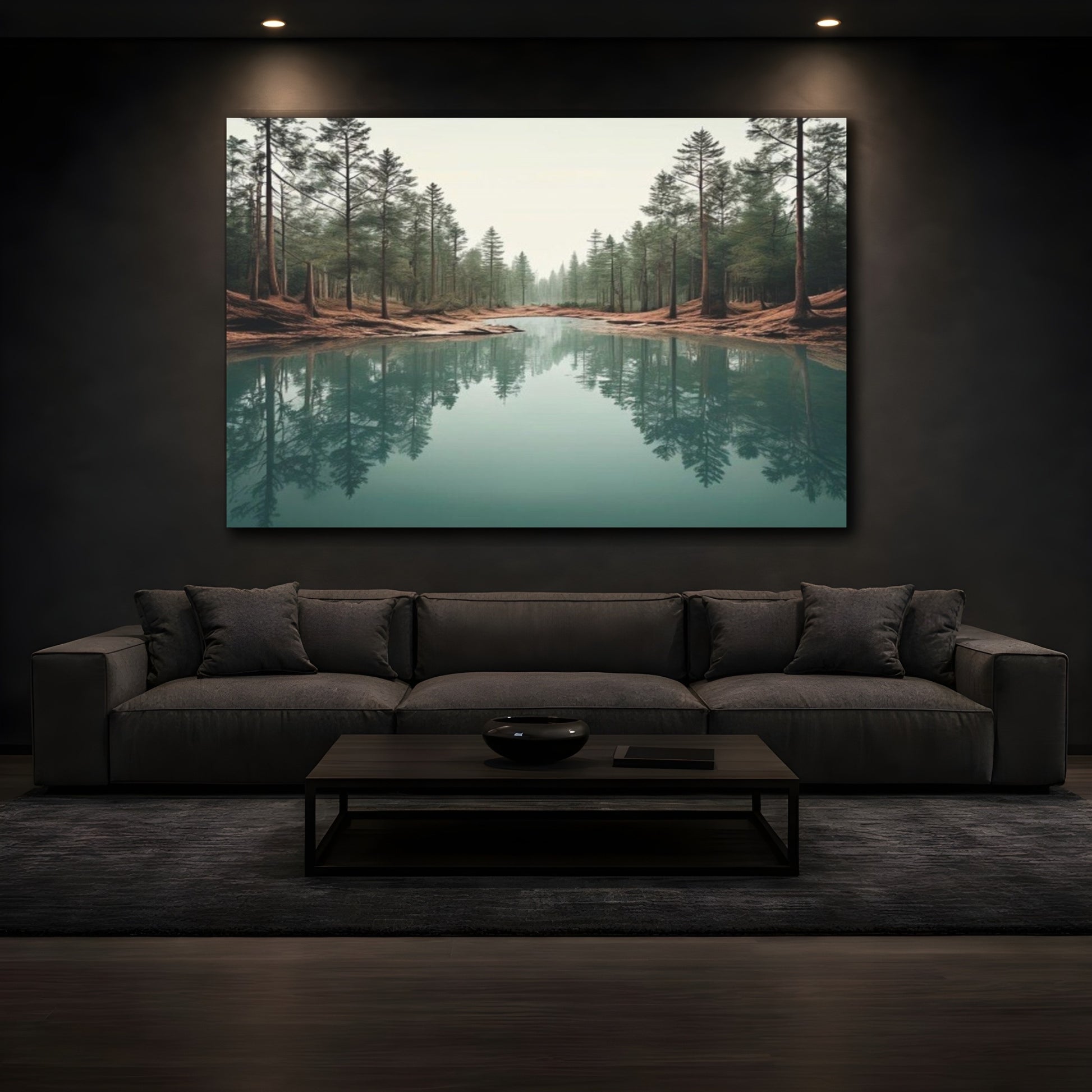 Mockup 3. Aquamarine Forest Reflection shown as canvas print