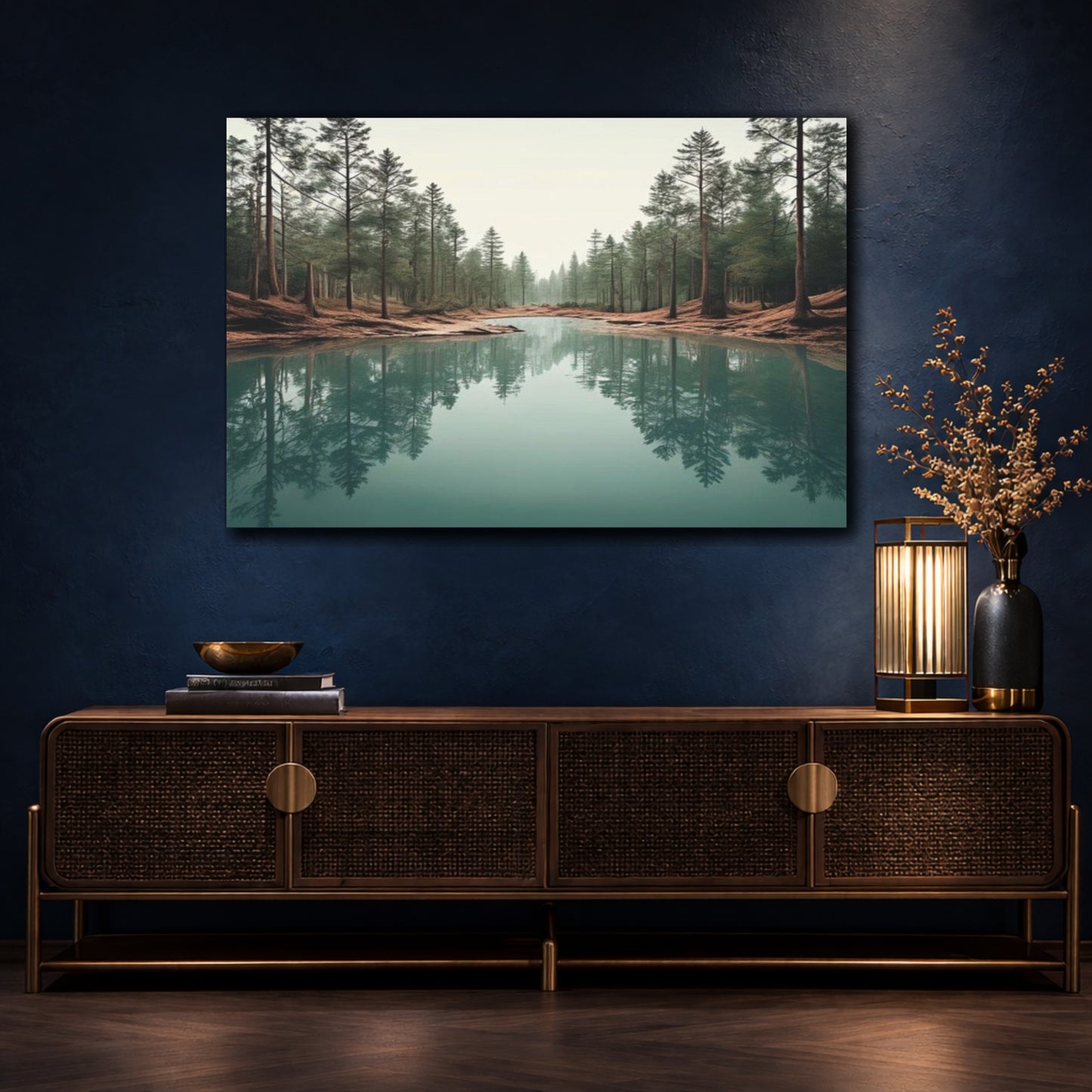 Mockup 4. Aquamarine Forest Reflection shown as canvas print