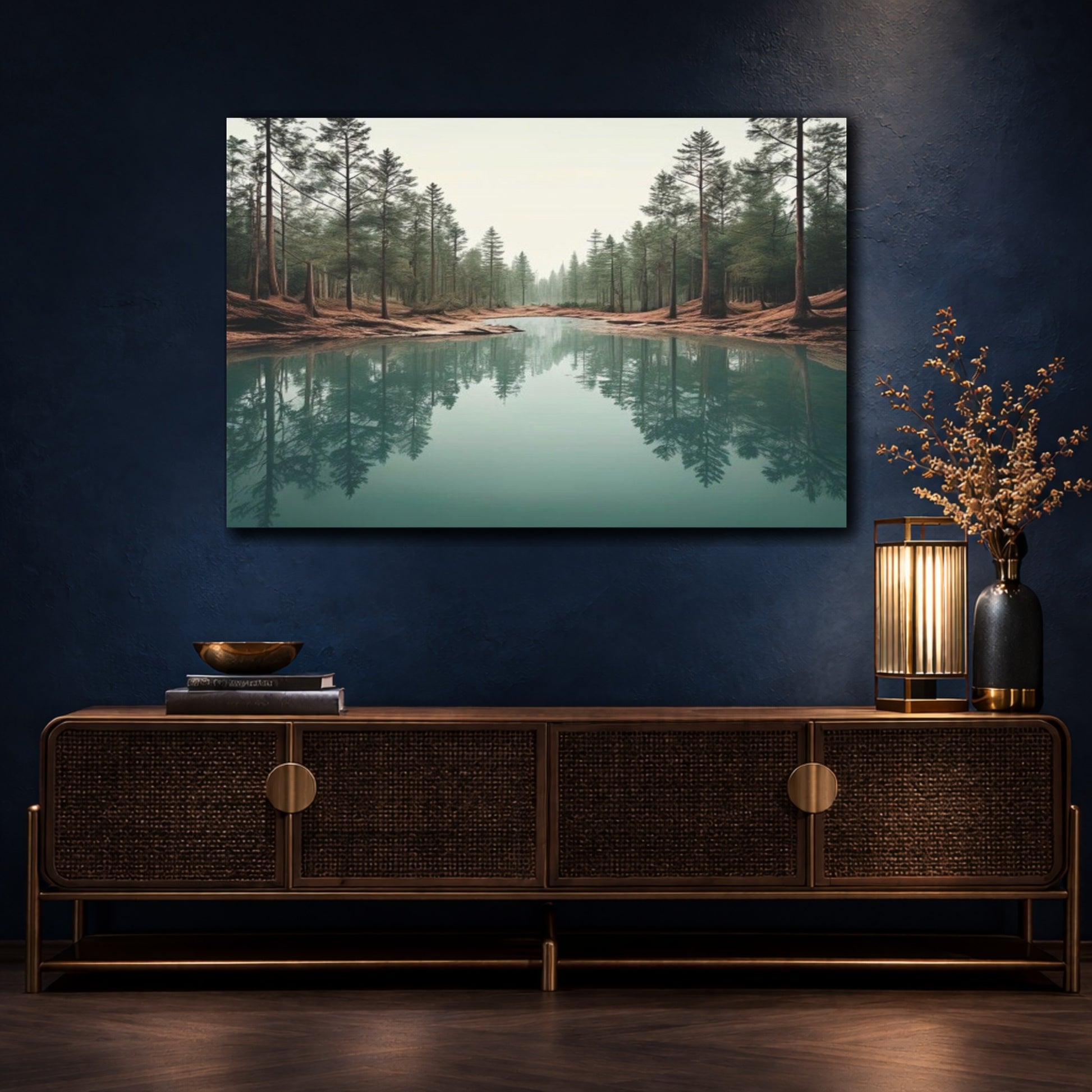Mockup 4. Aquamarine Forest Reflection shown as canvas print