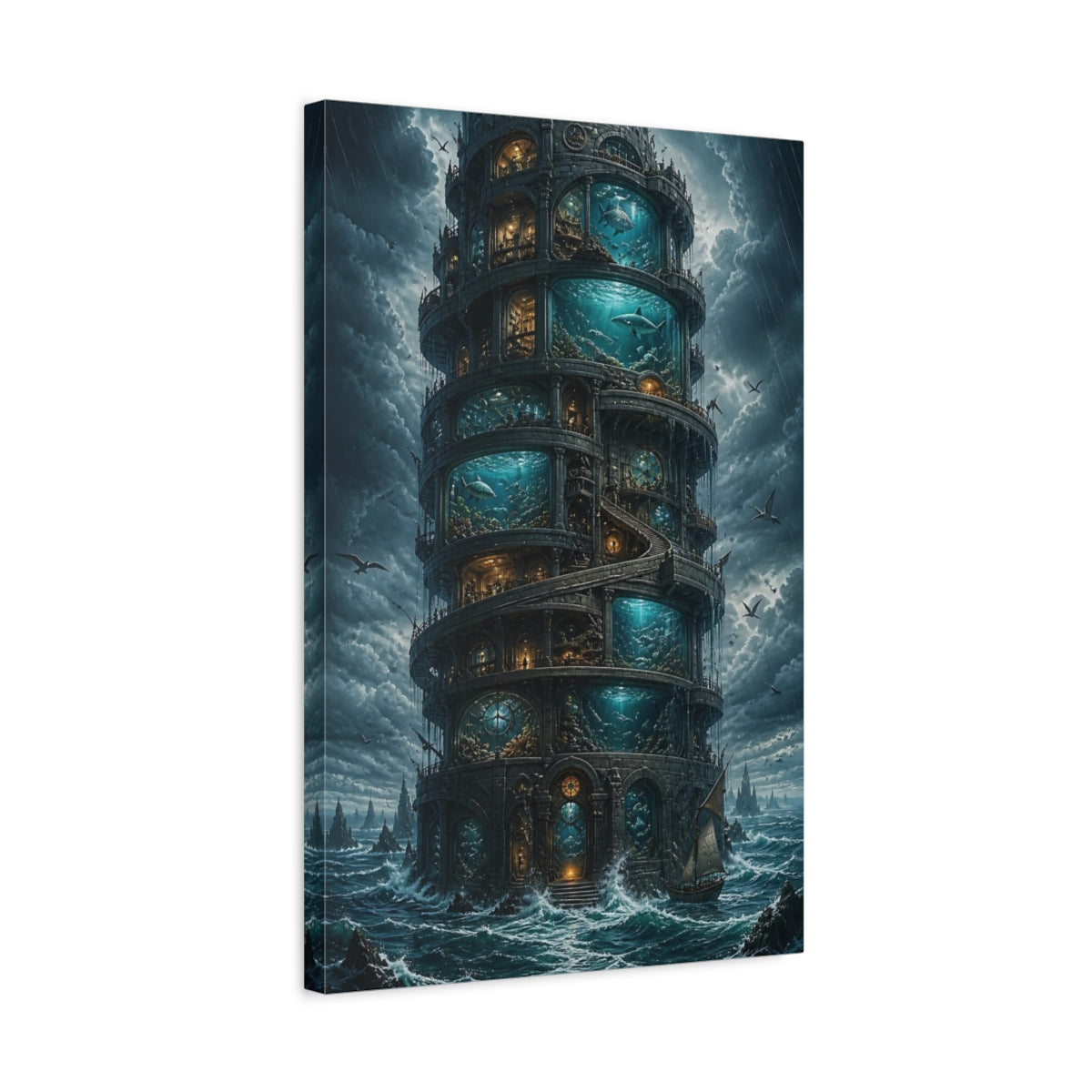 Side Mockup 3. Aquarium Tower At Sea shown as canvas print