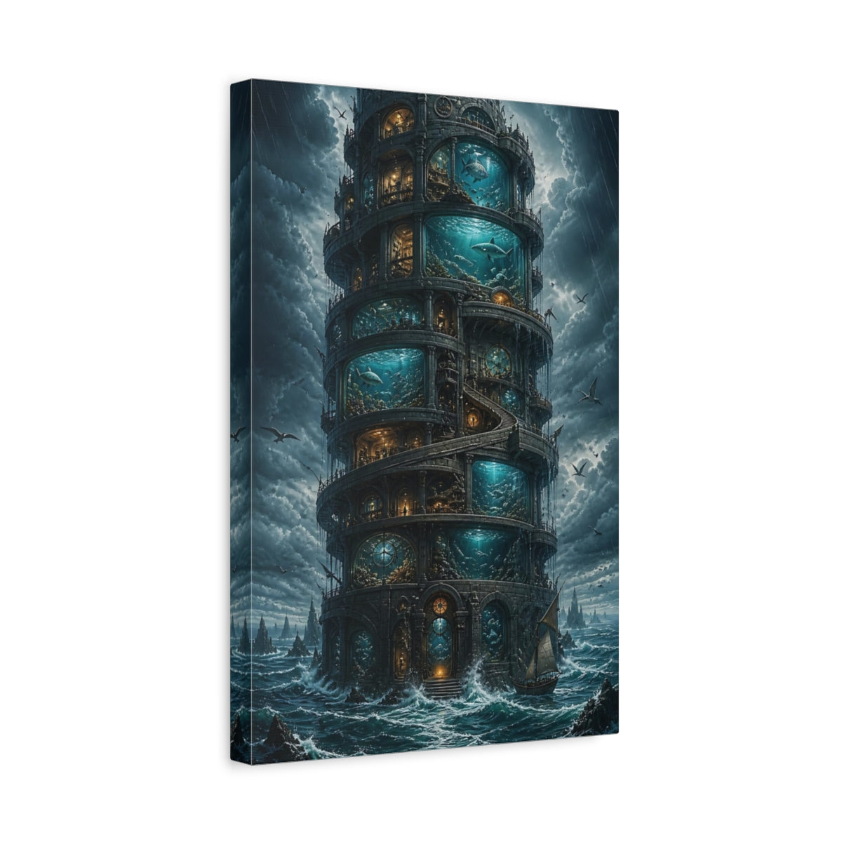 Side Mockup 4. Aquarium Tower At Sea shown as canvas print
