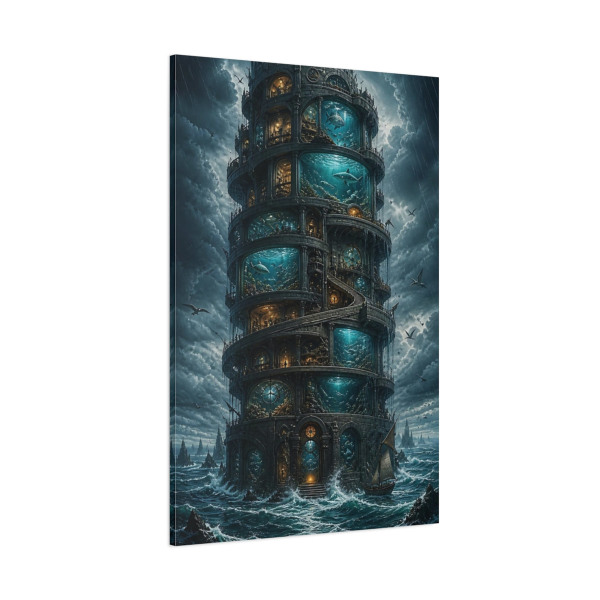 Side Mockup 1. Aquarium Tower At Sea shown as canvas print