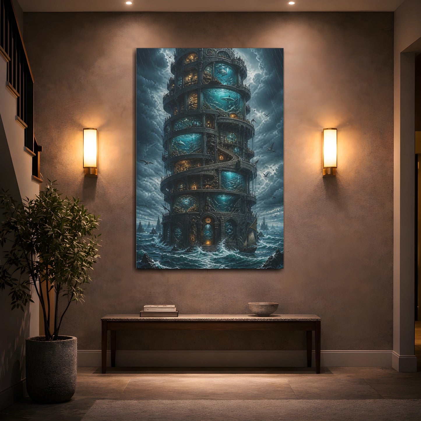 Mockup 2. Aquarium Tower At Sea shown as canvas print