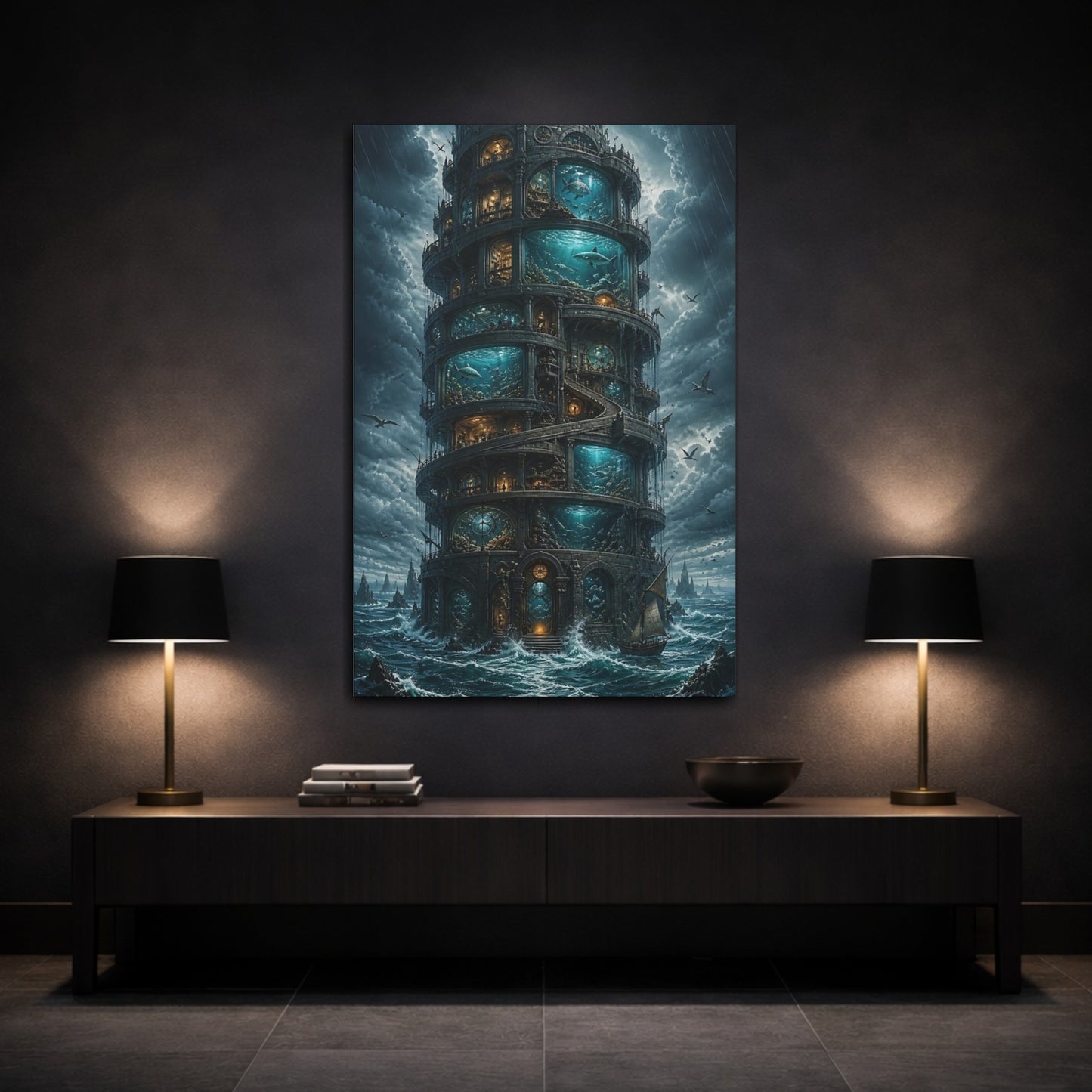 Mockup 3. Aquarium Tower At Sea shown as canvas print