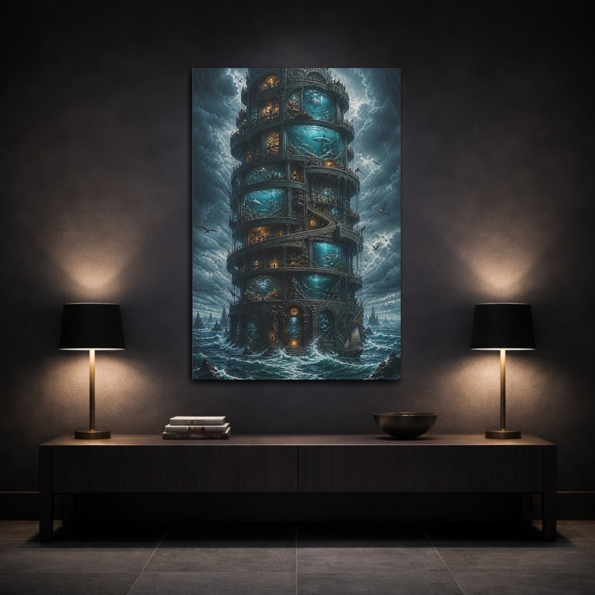 Mockup 3. Aquarium Tower At Sea shown as canvas print