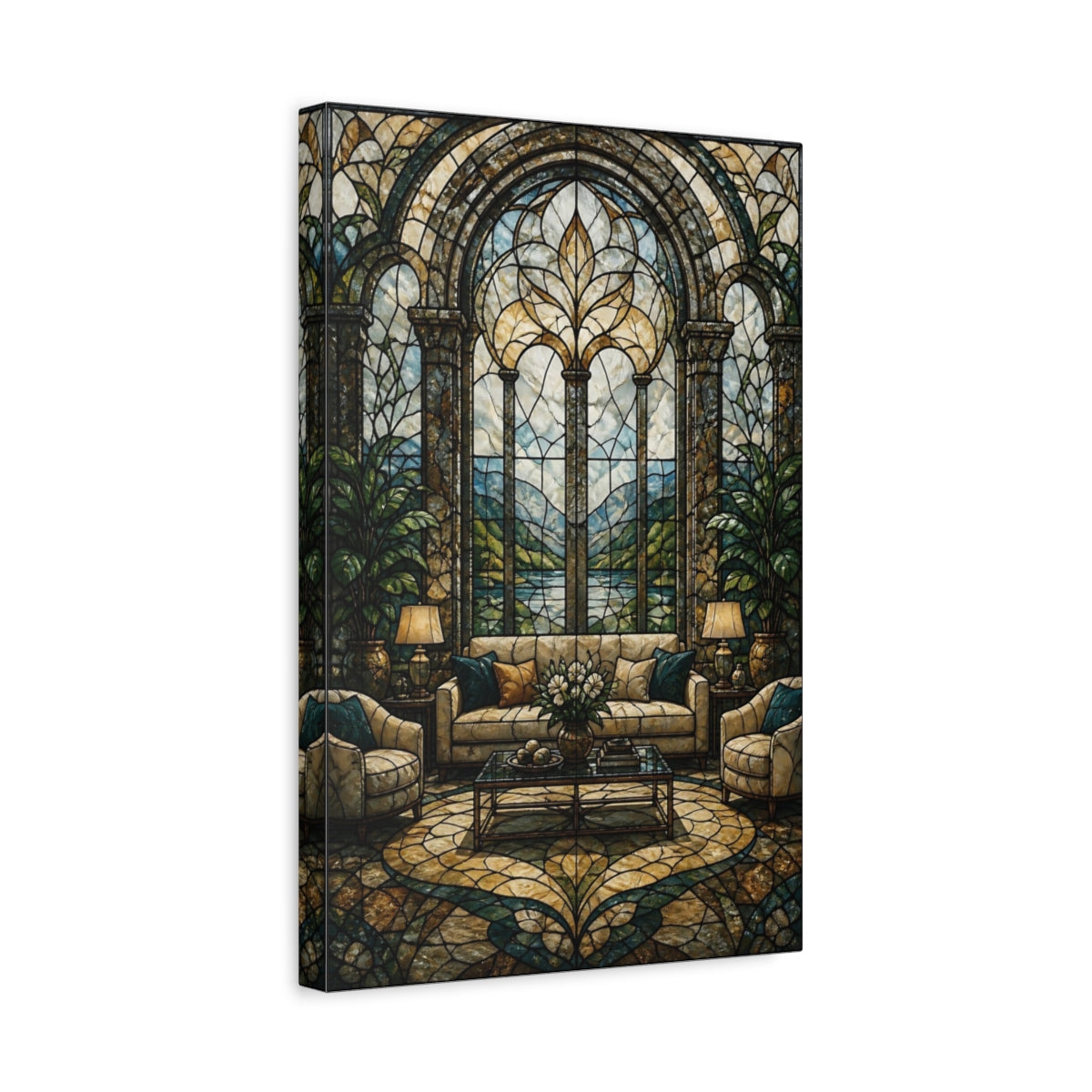 Side Mockup 4. Arched Stained Glass Window shown as canvas print