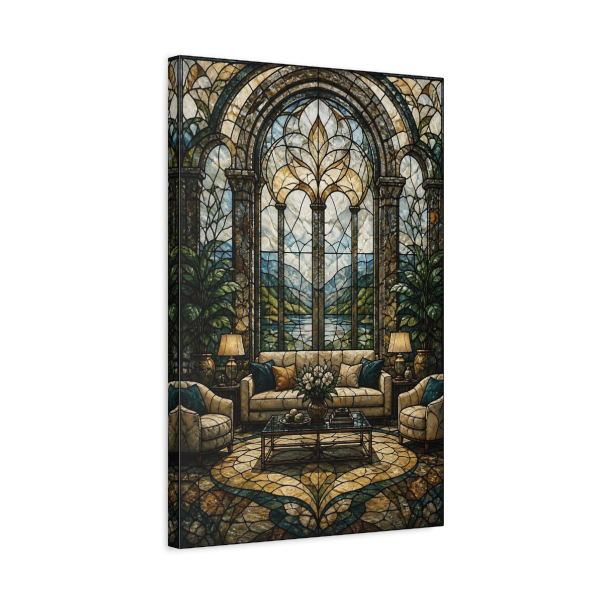 Side Mockup 3. Arched Stained Glass Window shown as canvas print