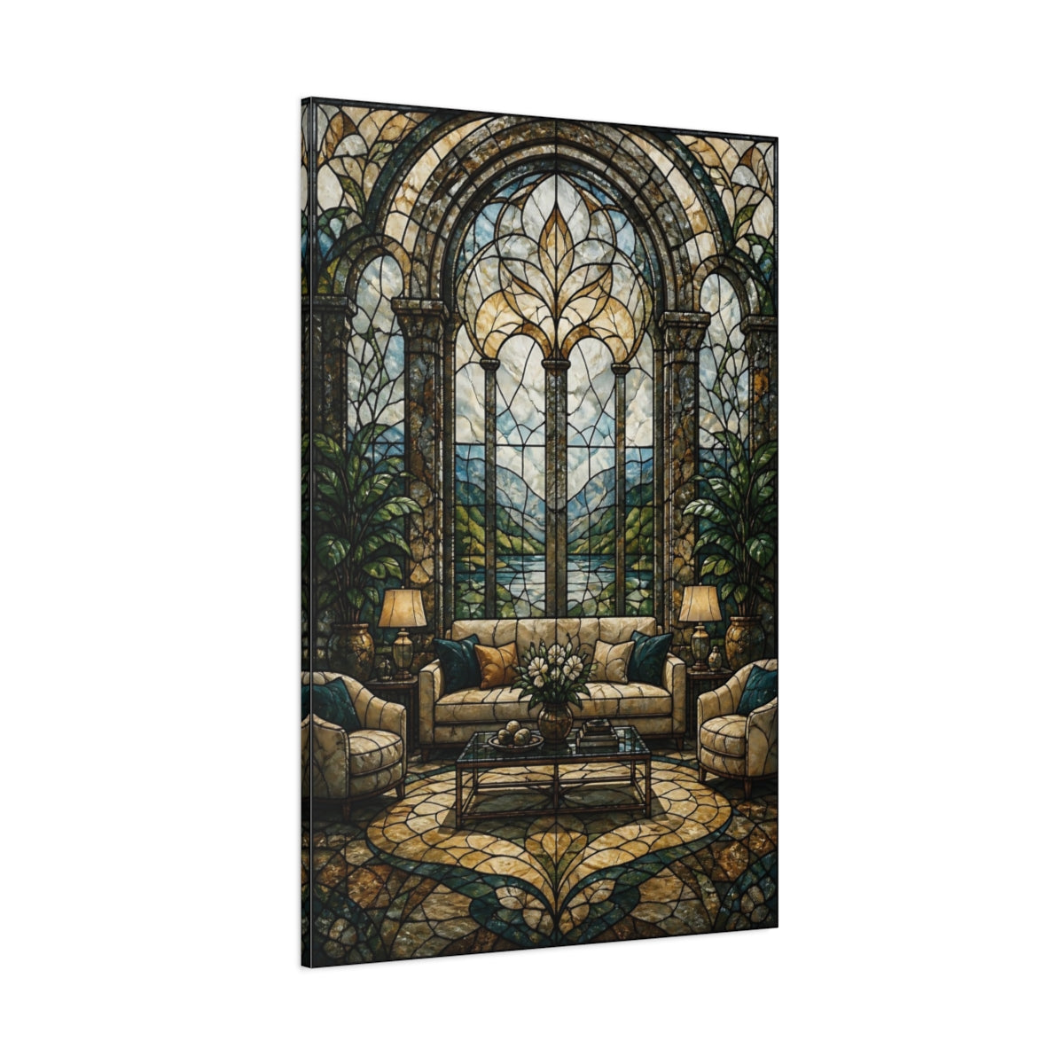 Side Mockup 1. Arched Stained Glass Window shown as canvas print