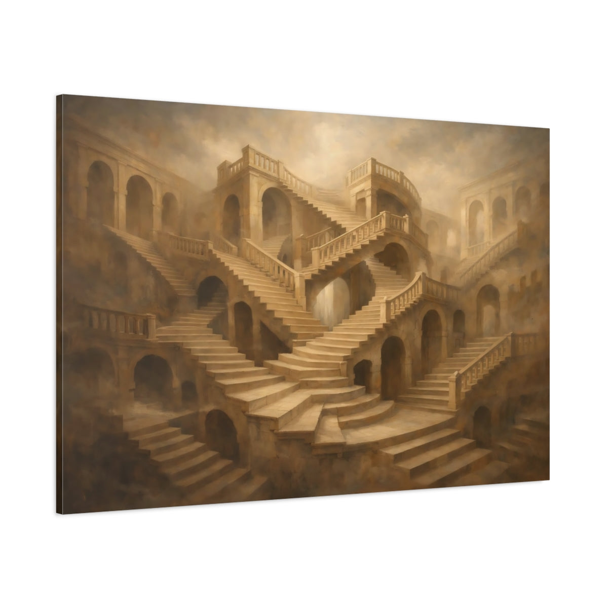 Main Mockup. Architectural Endless Stair Illusion Composition shown as stretched canvas wall art