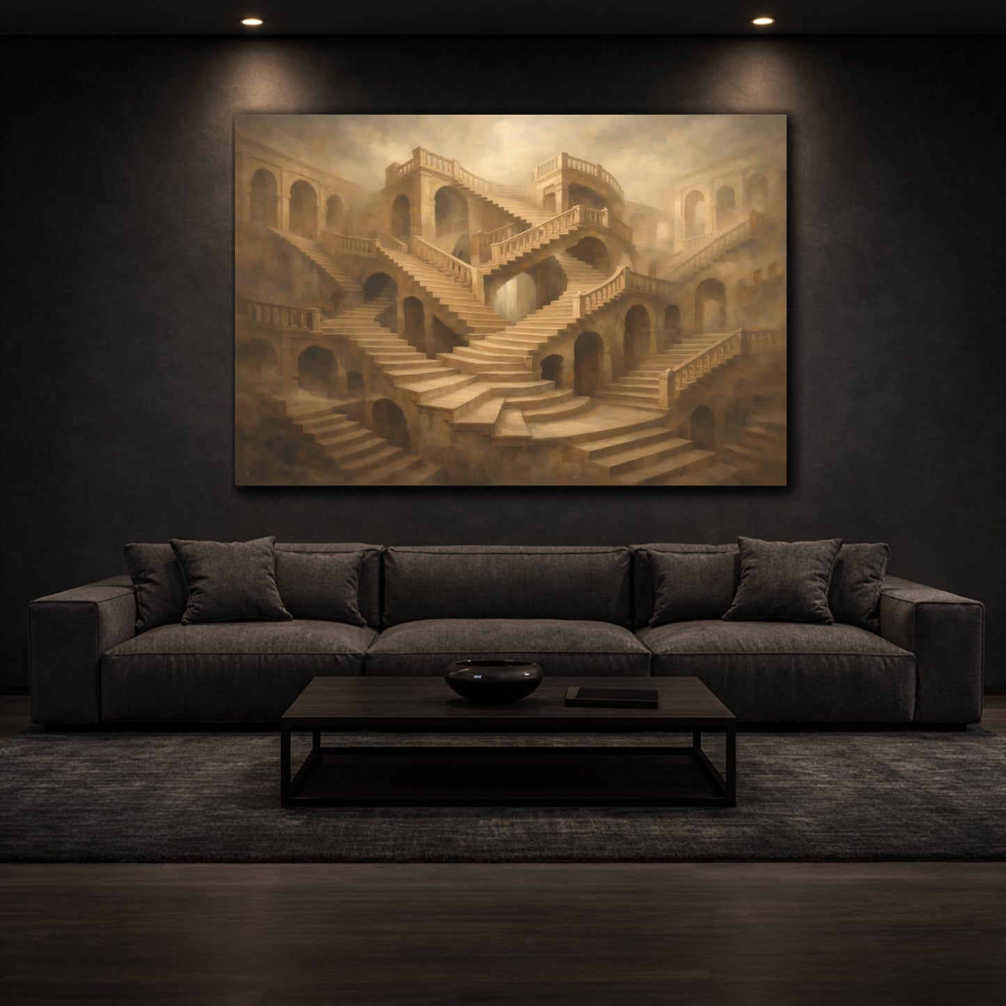 Mockup 2. Architectural Endless Stair Illusion Composition shown as stretched canvas wall art