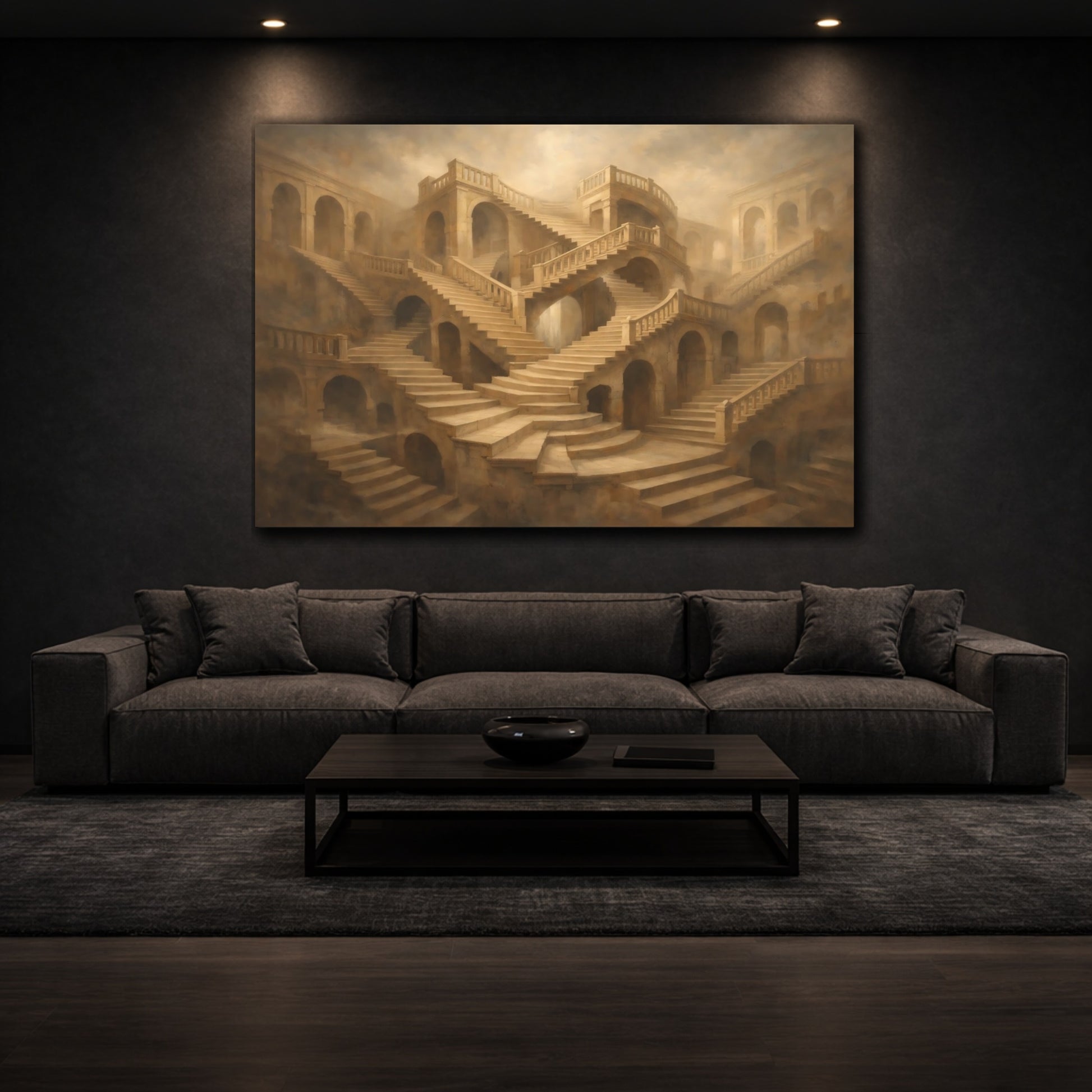 Mockup 2. Architectural Endless Stair Illusion Composition shown as stretched canvas wall art