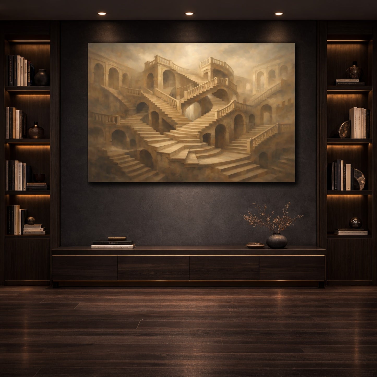 Mockup 3. Architectural Endless Stair Illusion Composition shown as stretched canvas wall art