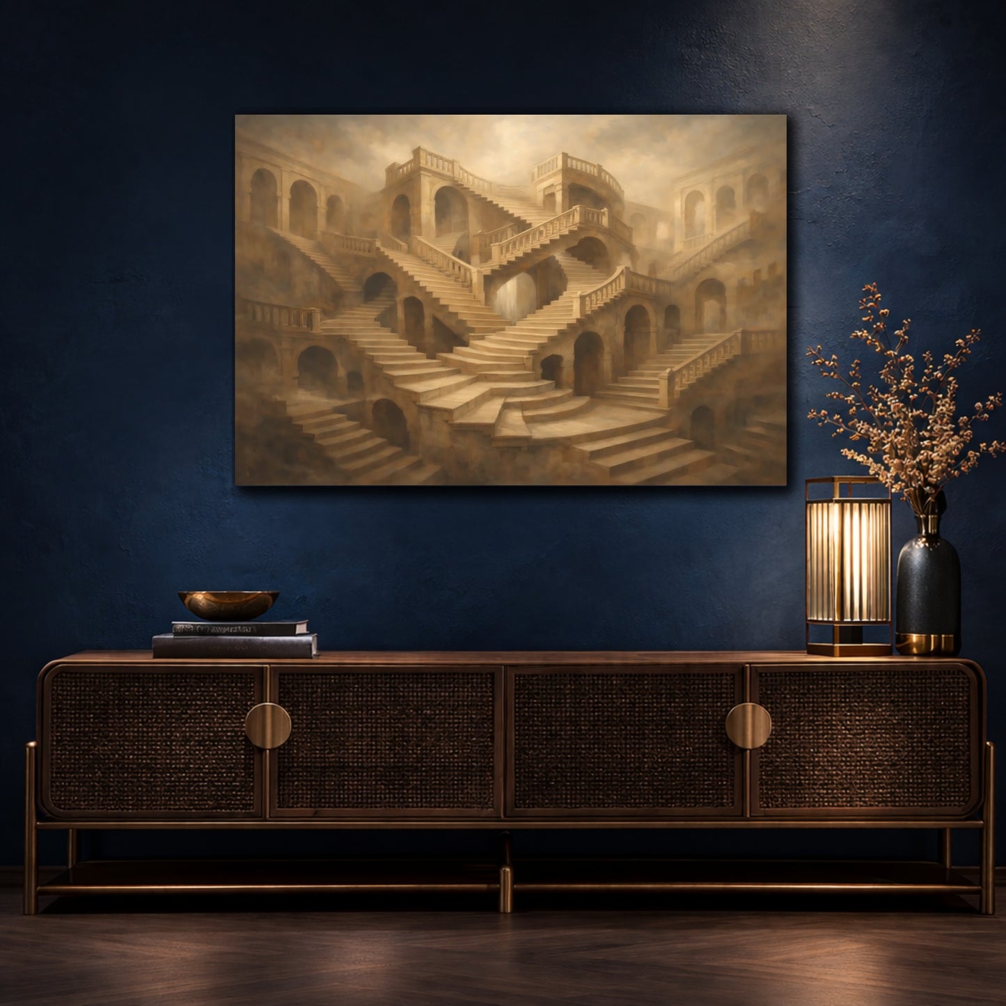 Mockup 4. Architectural Endless Stair Illusion Composition shown as stretched canvas wall art