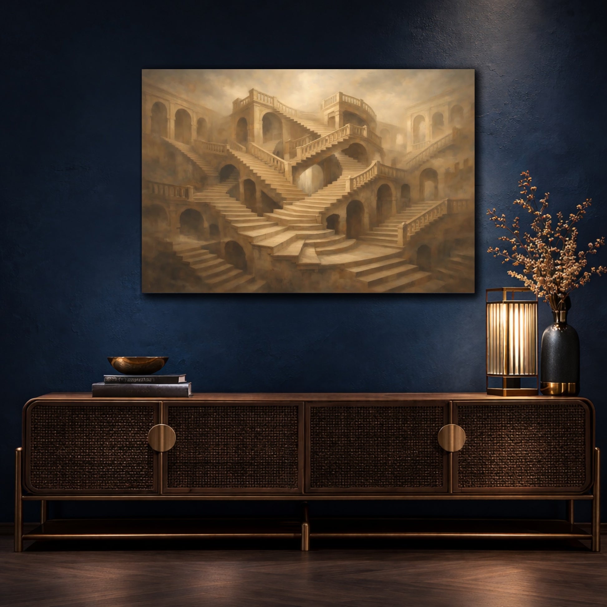 Mockup 4. Architectural Endless Stair Illusion Composition shown as stretched canvas wall art
