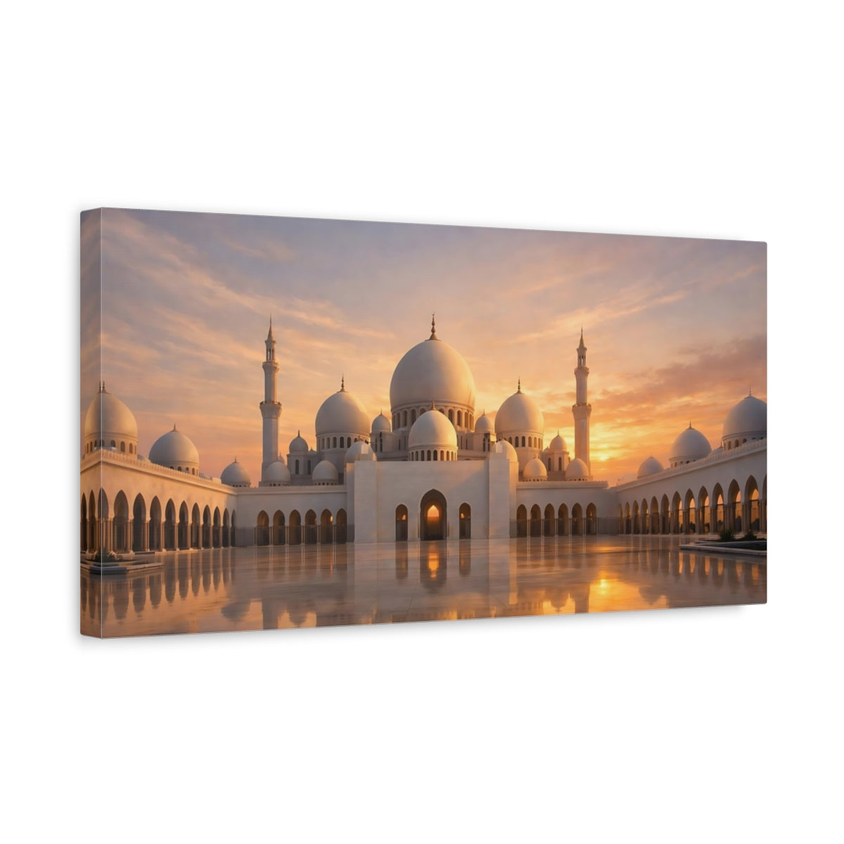 Side Mockup 3. Religious Mosque White Mosque Sunset shown as stretched canvas wall art