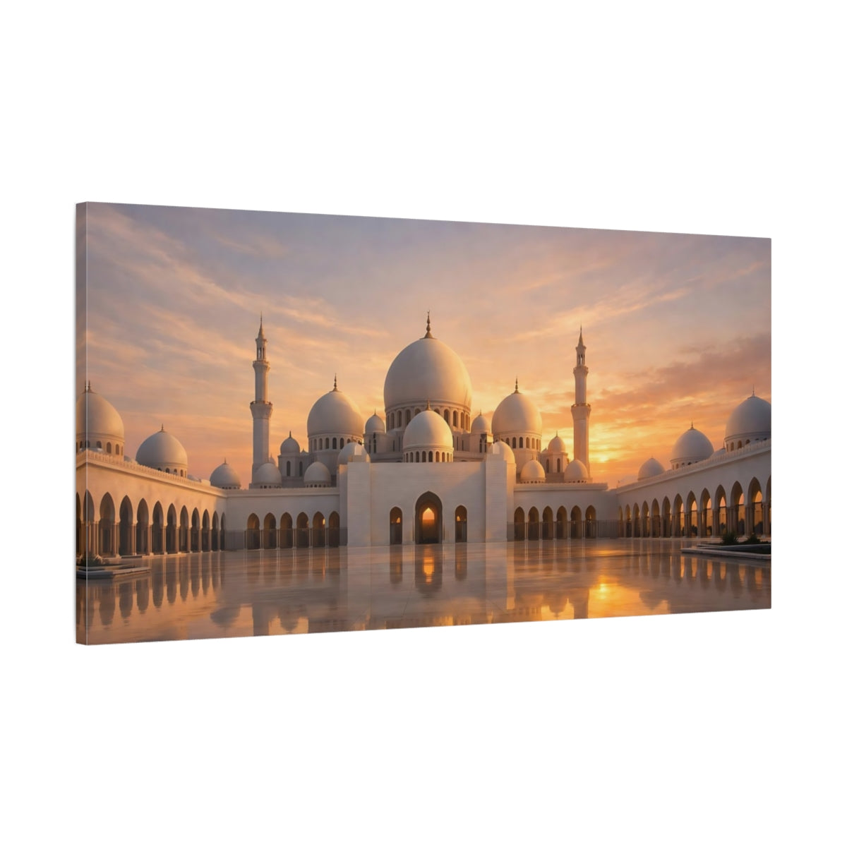 Side Mockup 1. Religious Mosque White Mosque Sunset shown as stretched canvas wall art
