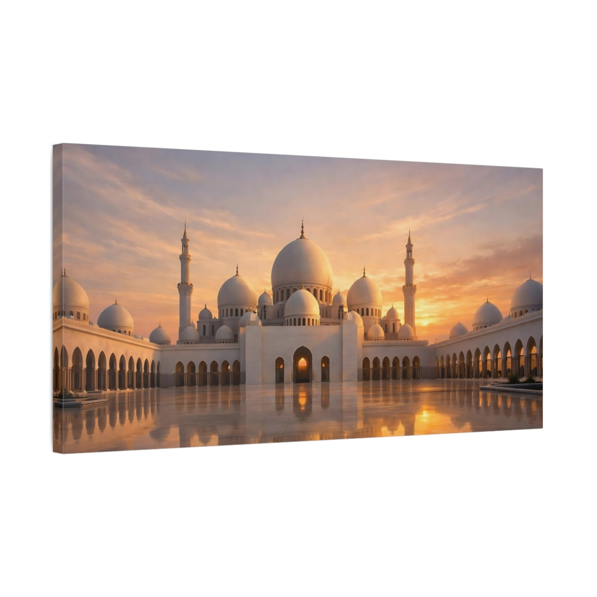 Side Mockup 2. Religious Mosque White Mosque Sunset shown as stretched canvas wall art