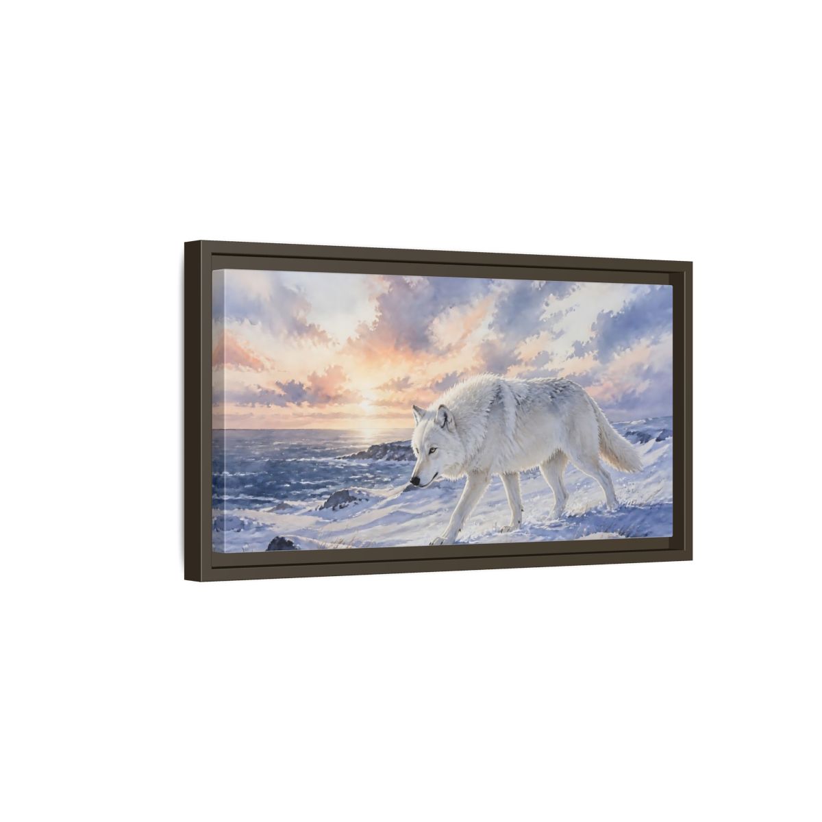 Side Mockup 7. Arctic Wolf At Sunset shown as framed canvas print