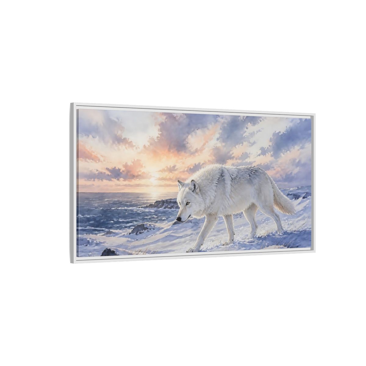 Side Mockup 3. Arctic Wolf At Sunset shown as framed canvas print