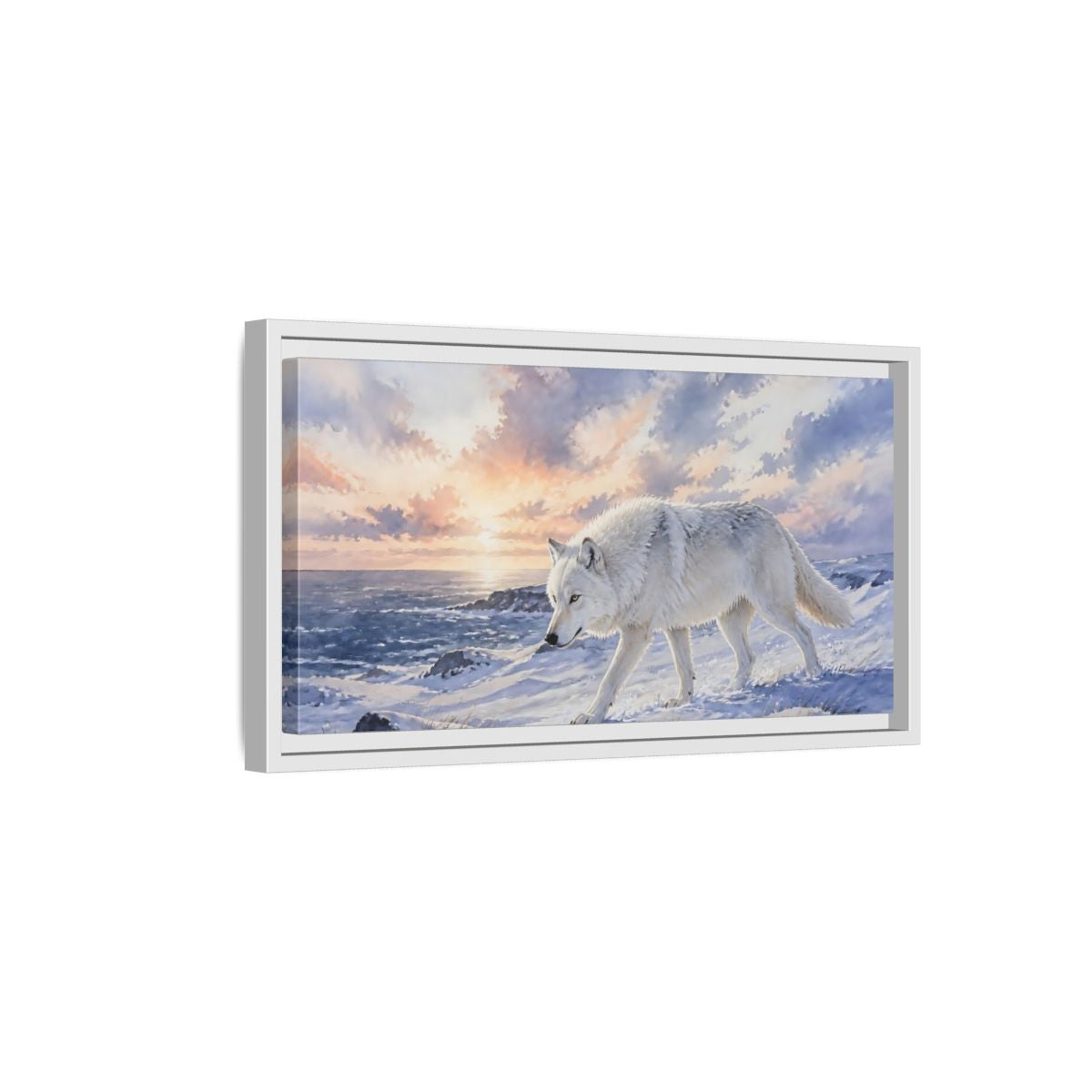 Side Mockup 6. Arctic Wolf At Sunset shown as framed canvas print