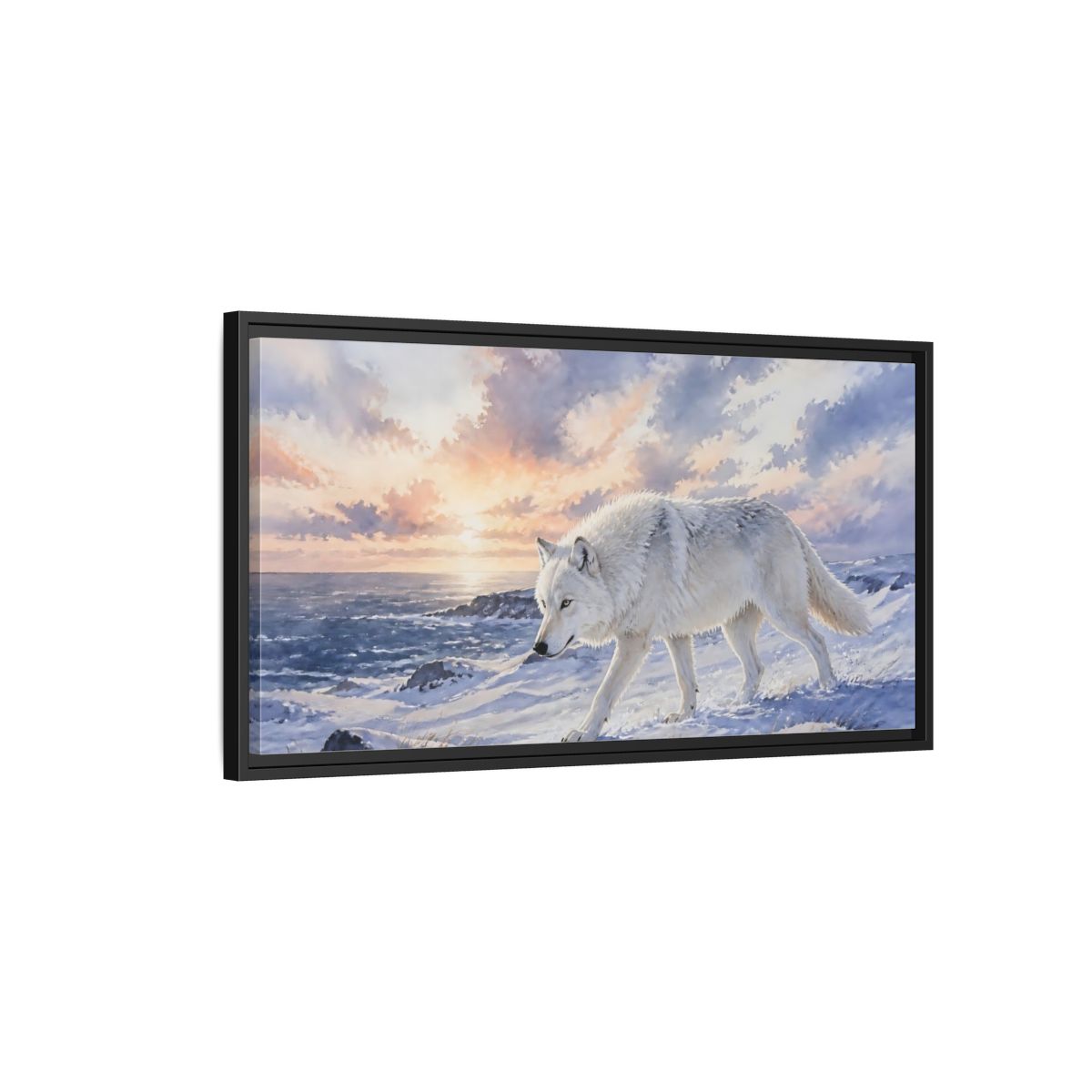 Side Mockup 2. Arctic Wolf At Sunset shown as framed canvas print