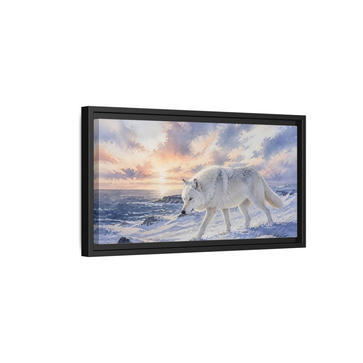 Side Mockup 8. Arctic Wolf At Sunset shown as framed canvas print