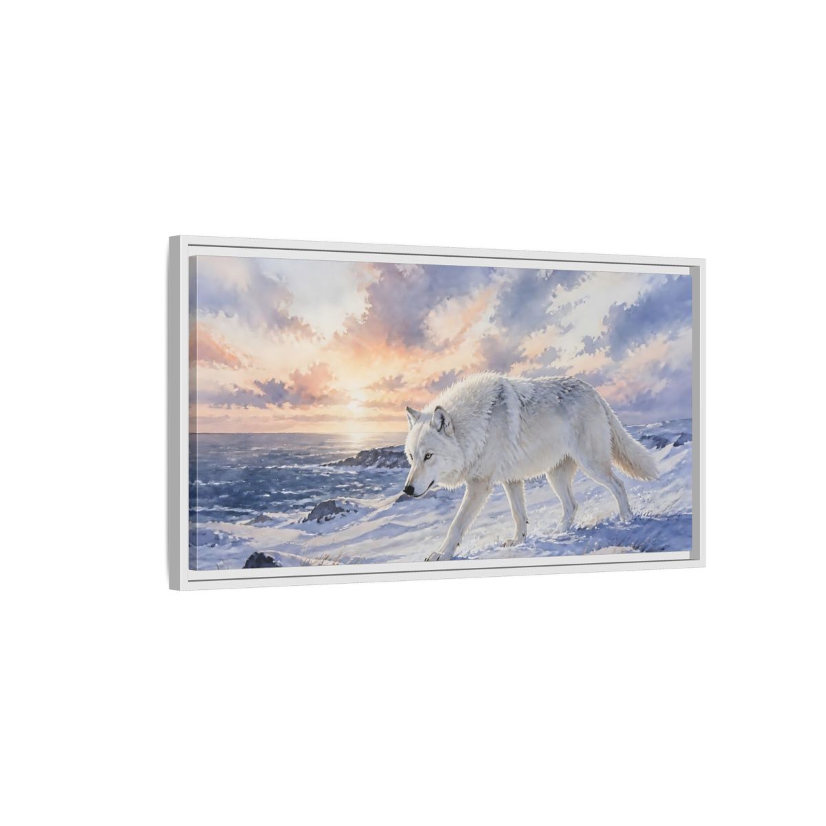 Side Mockup 1. Arctic Wolf At Sunset shown as framed canvas print