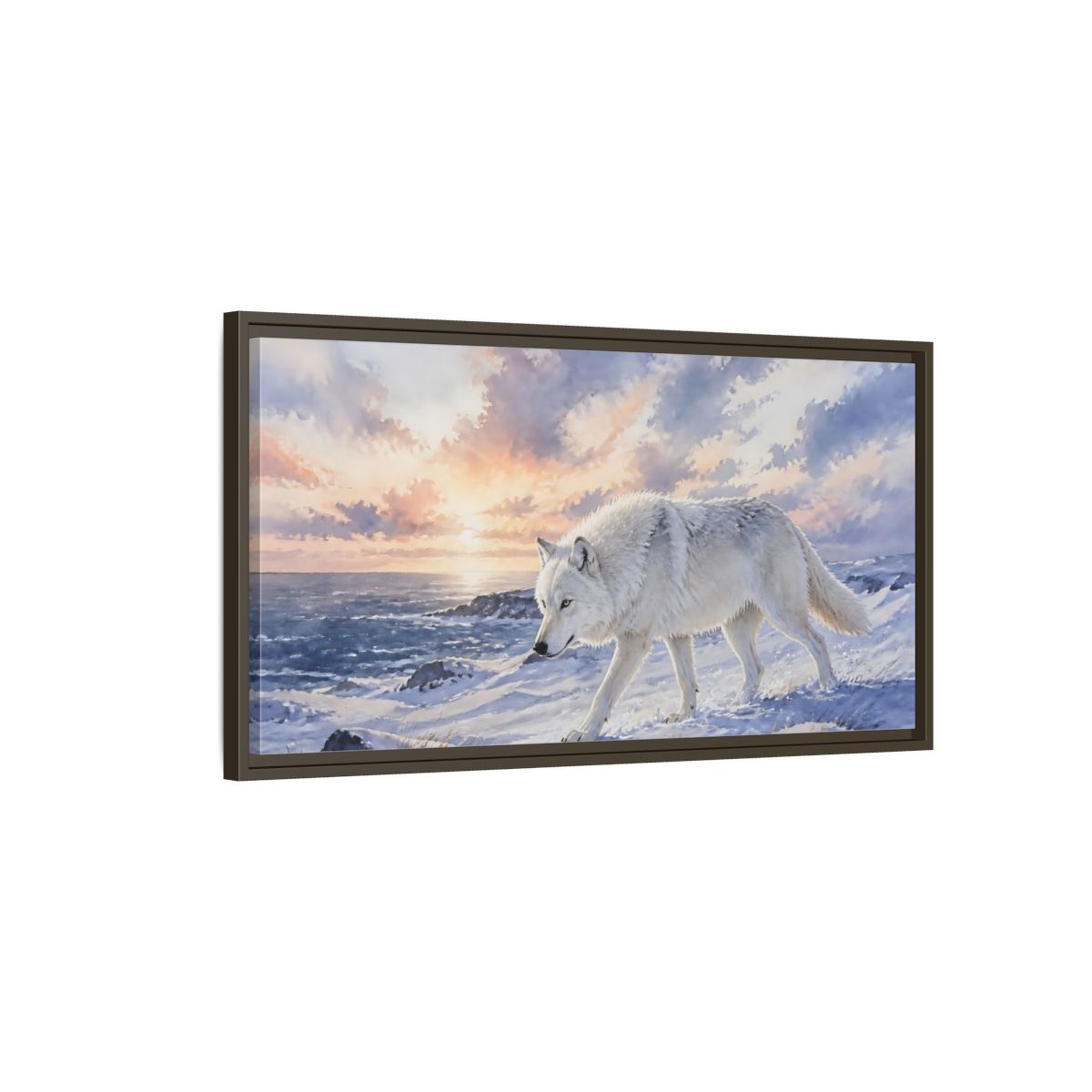 Main Mockup. Arctic Wolf At Sunset shown as framed canvas print