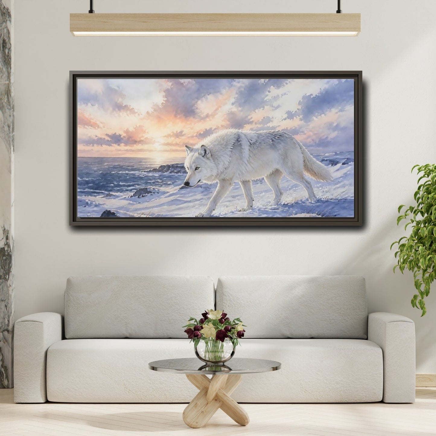Mockup 2. Arctic Wolf At Sunset shown as framed canvas print
