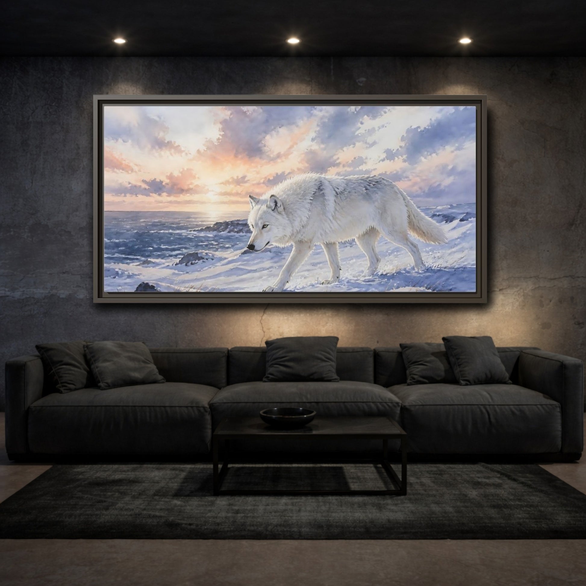 Mockup 3. Arctic Wolf At Sunset shown as framed canvas print