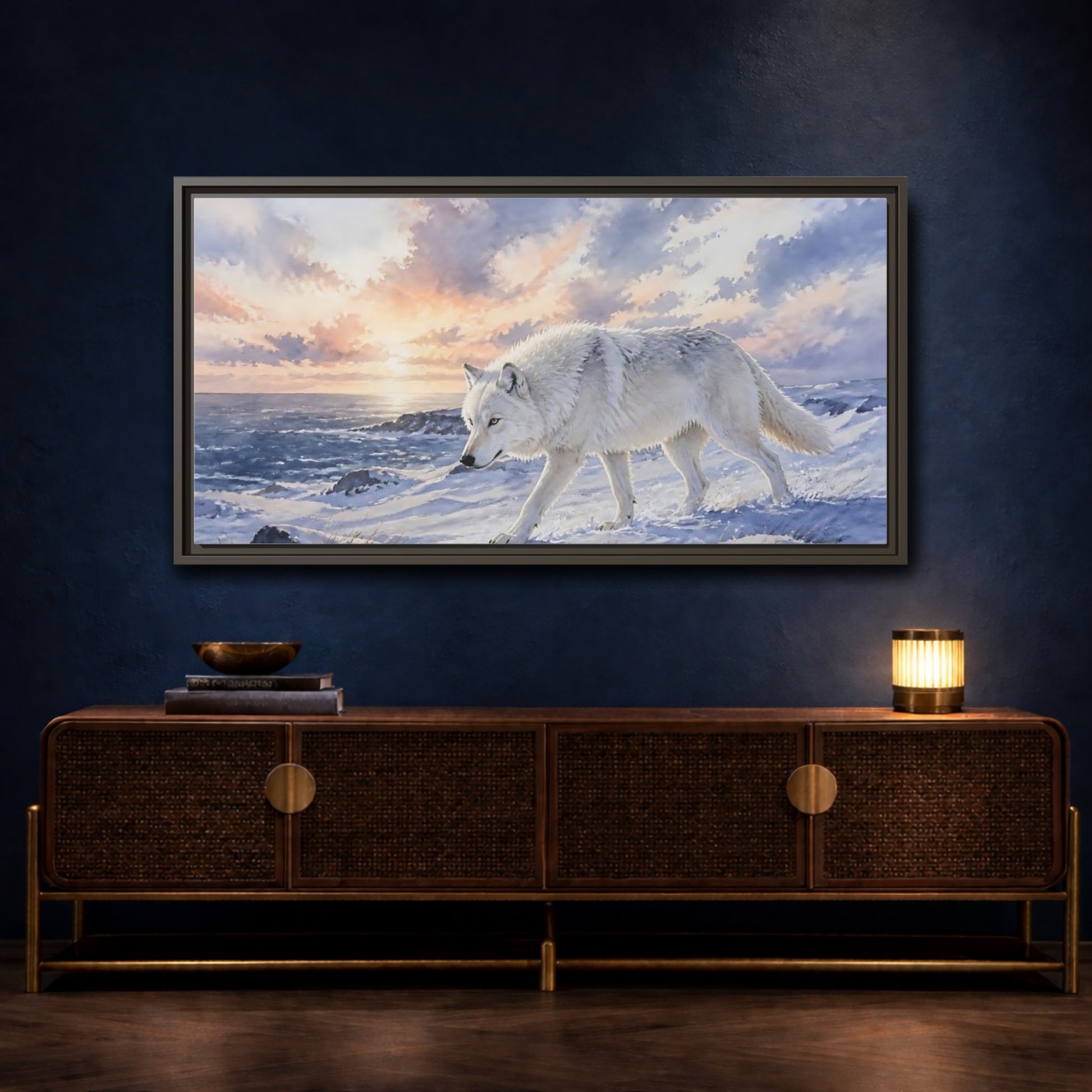 Mockup 4. Arctic Wolf At Sunset shown as framed canvas print
