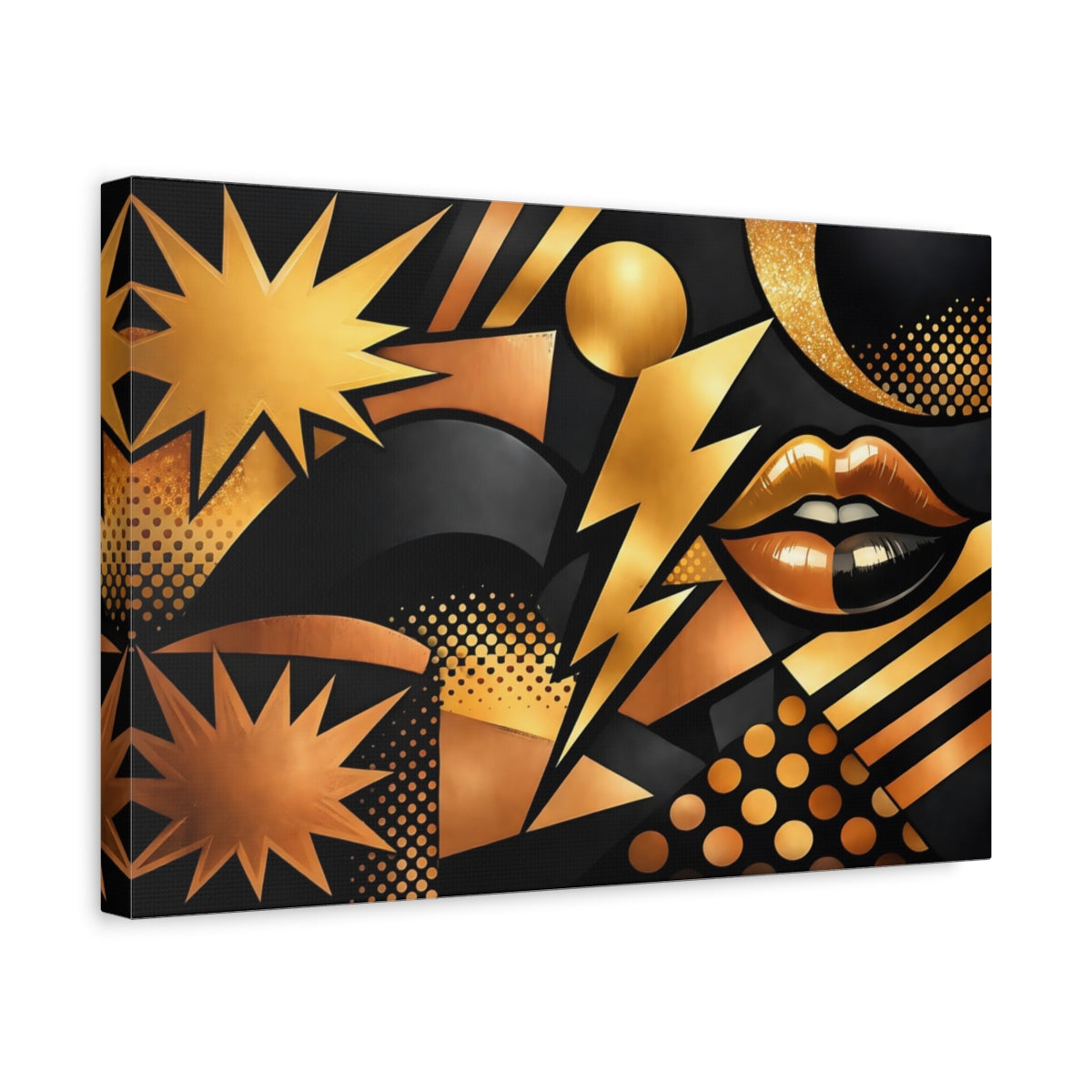 Side Mockup 4. Abstract Abstract Lips Black And Gold shown as stretched canvas wall art