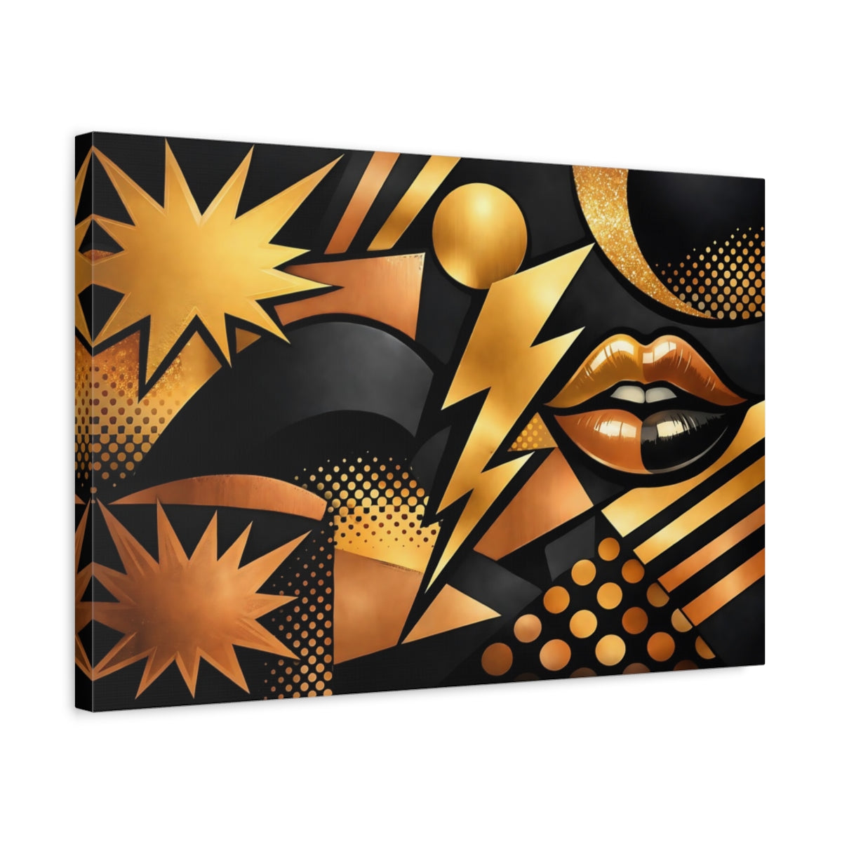 Side Mockup 3. Abstract Abstract Lips Black And Gold shown as stretched canvas wall art