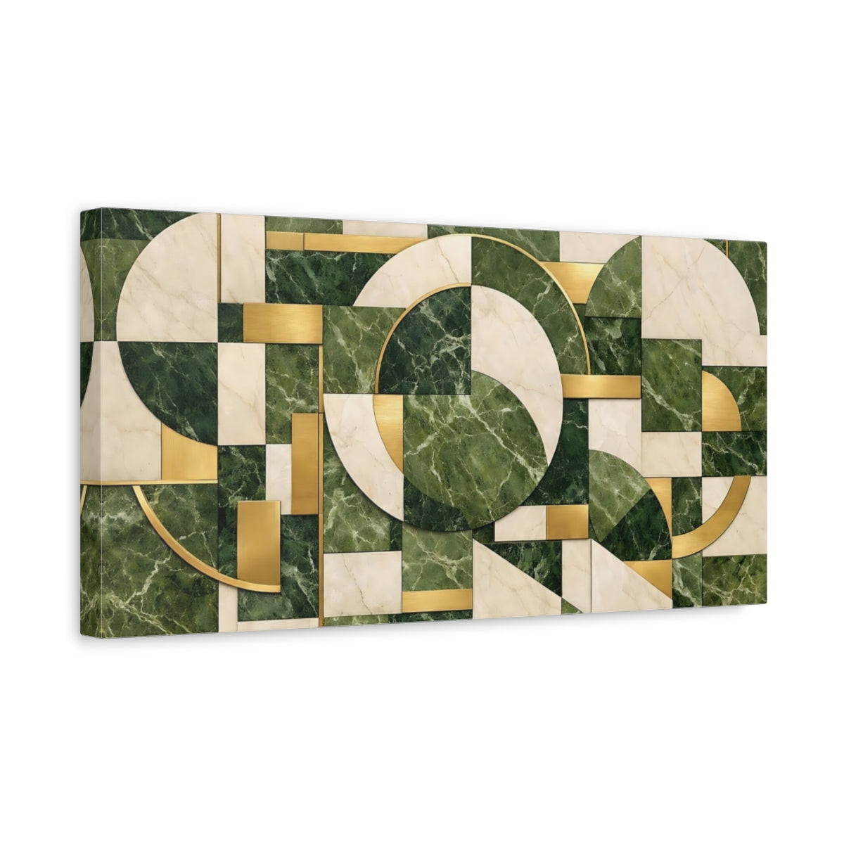 Side Mockup 3. Abstract Geometric Pattern Green Gold Marble shown as stretched canvas wall art