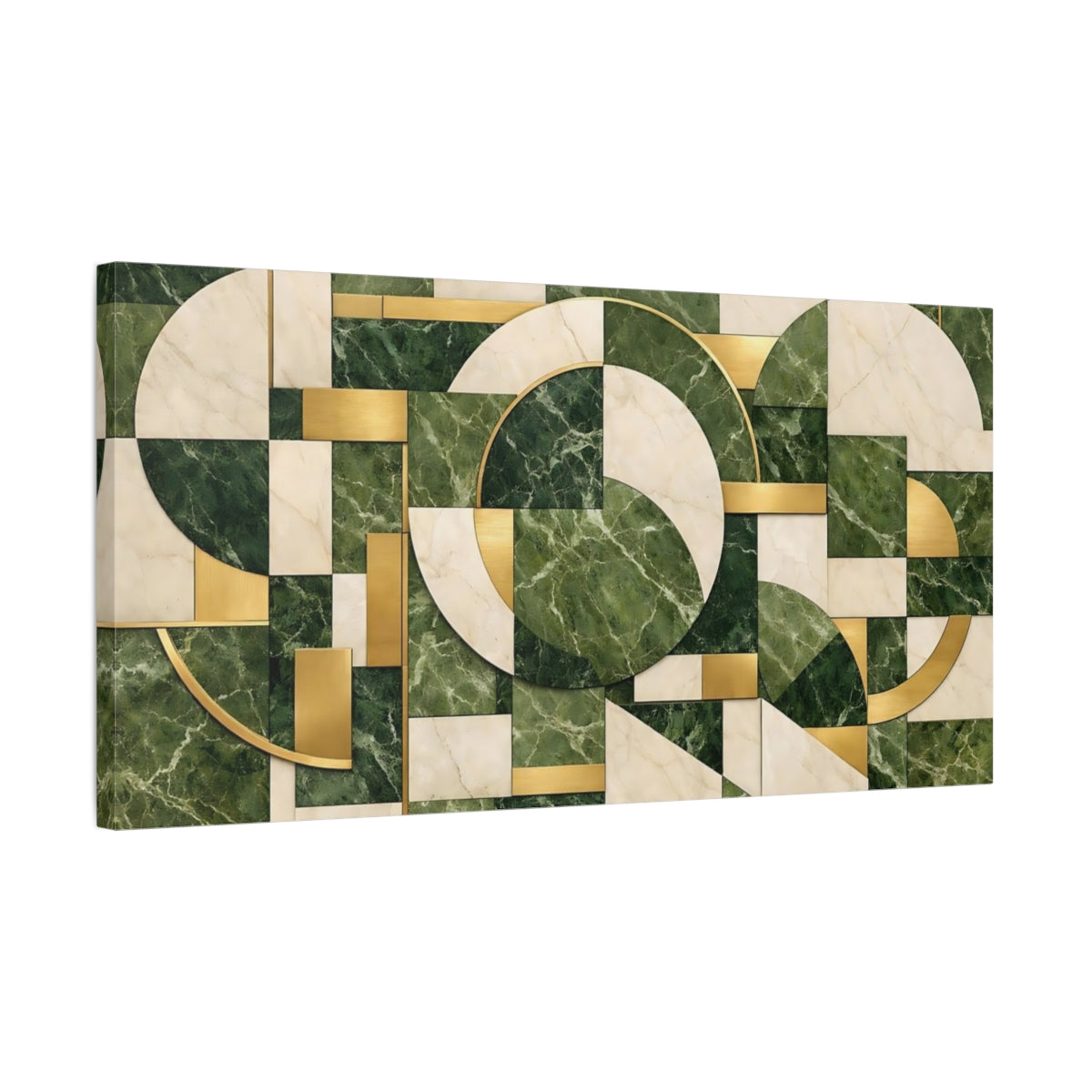 Side Mockup 2. Abstract Geometric Pattern Green Gold Marble shown as stretched canvas wall art
