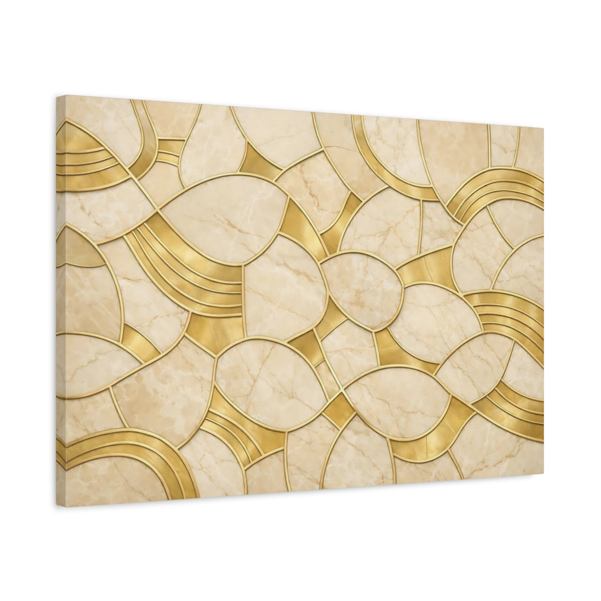 Side Mockup 2. Abstract Marble Pattern Gold And Beige shown as stretched canvas wall art