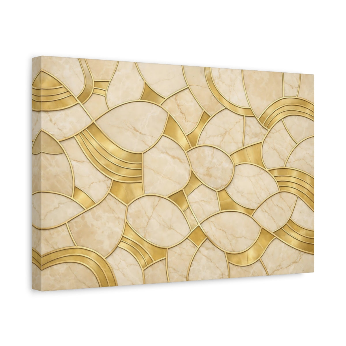 Side Mockup 4. Abstract Marble Pattern Gold And Beige shown as stretched canvas wall art
