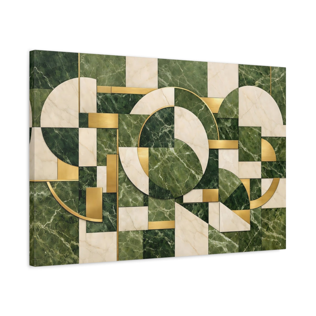 Side Mockup 2. Abstract Geometric Pattern Green Gold Marble shown as stretched canvas wall art
