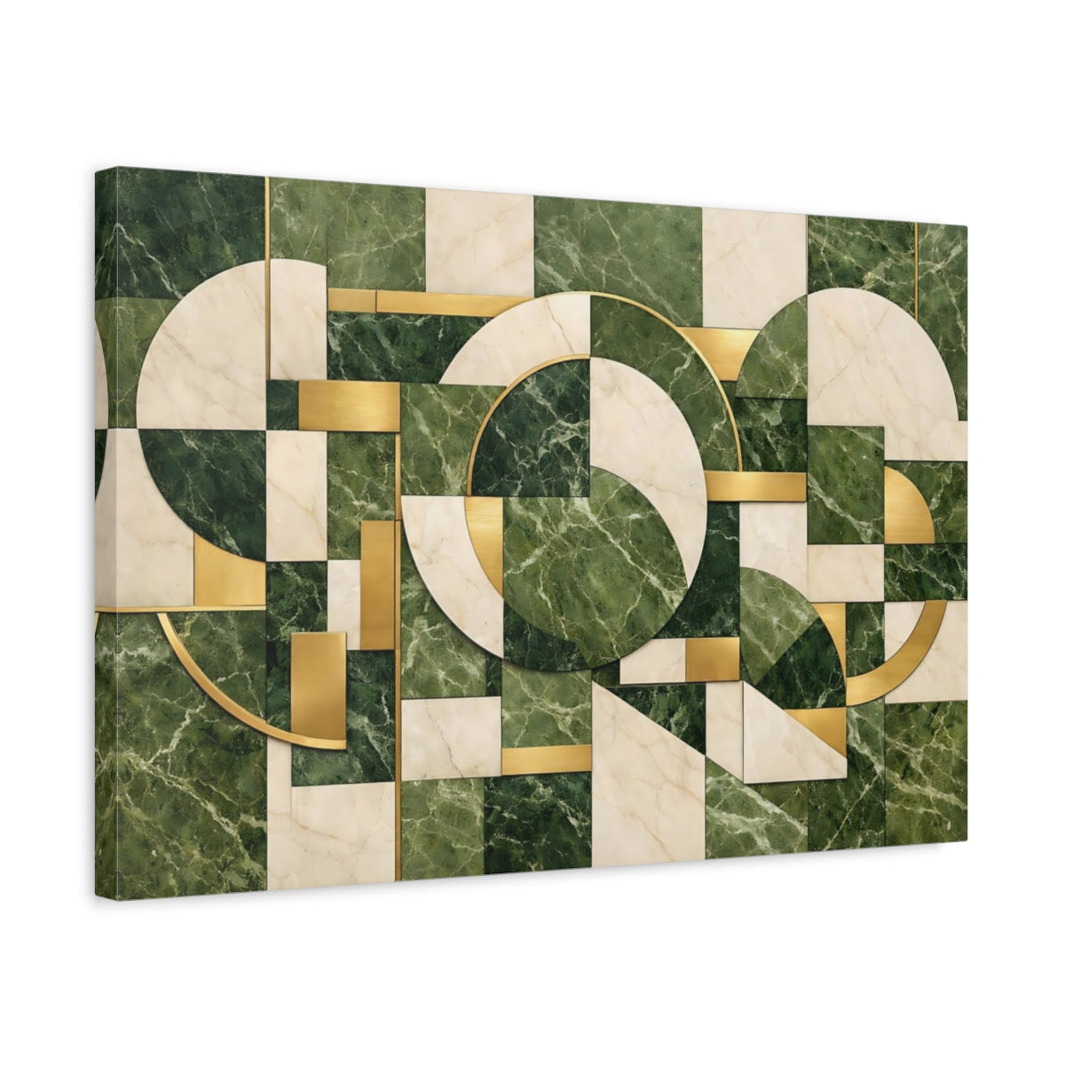 Side Mockup 3. Abstract Geometric Pattern Green Gold Marble shown as stretched canvas wall art