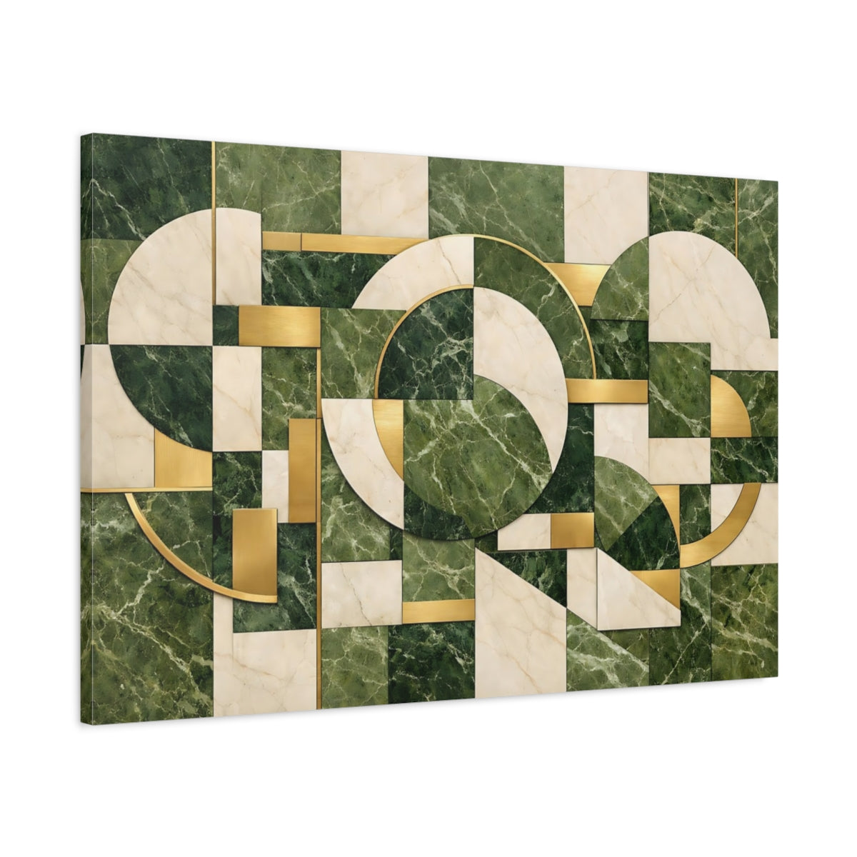 Side Mockup 1. Abstract Geometric Pattern Green Gold Marble shown as stretched canvas wall art