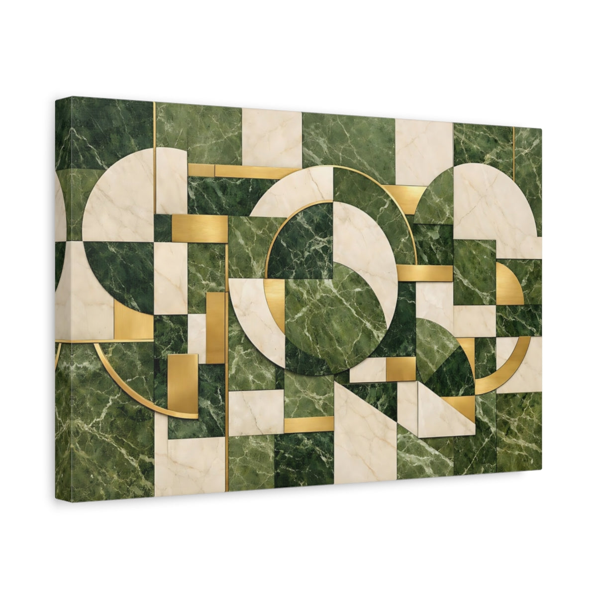 Side Mockup 4. Abstract Geometric Pattern Green Gold Marble shown as stretched canvas wall art