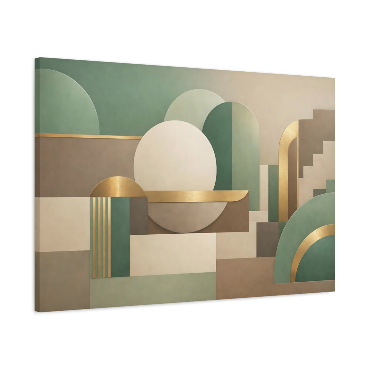 Side Mockup 1. Abstract Geometric Shapes Green Gold Abstract shown as stretched canvas wall art
