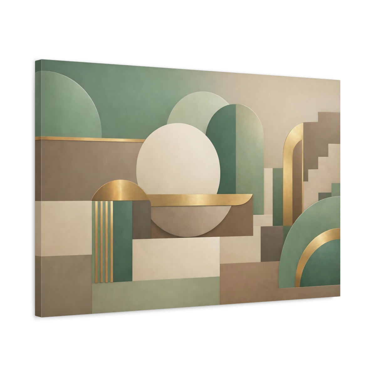 Side Mockup 2. Abstract Geometric Shapes Green Gold Abstract shown as stretched canvas wall art
