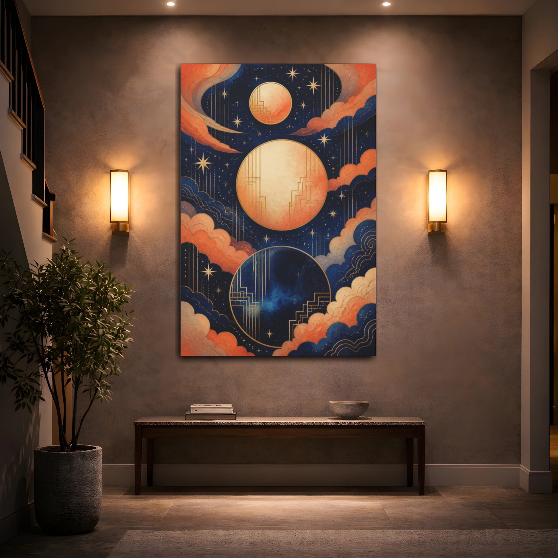Mockup 2. Art Deco Moons shown as canvas print
