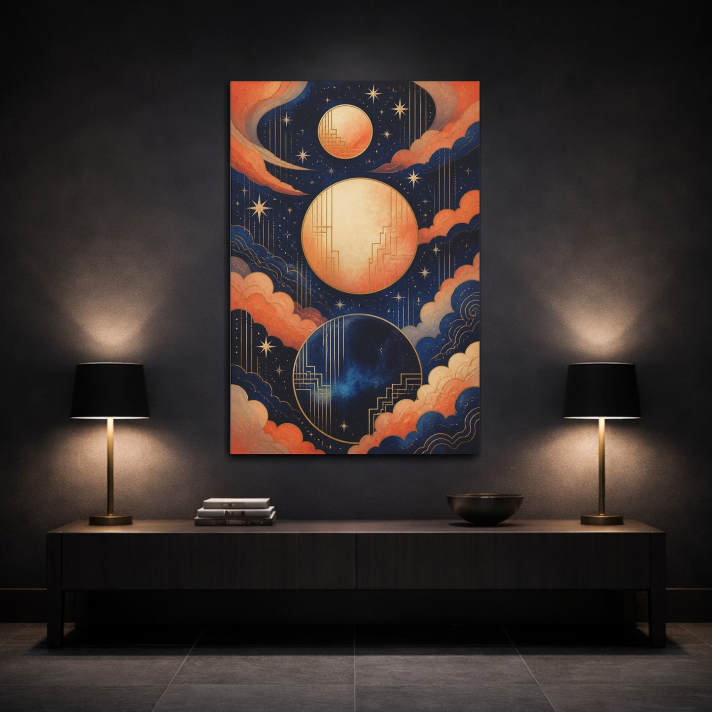 Mockup 3. Art Deco Moons shown as canvas print