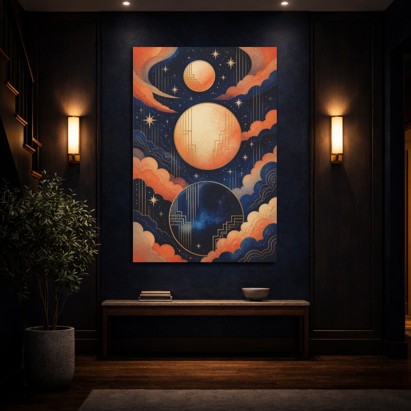 Mockup 4. Art Deco Moons shown as canvas print