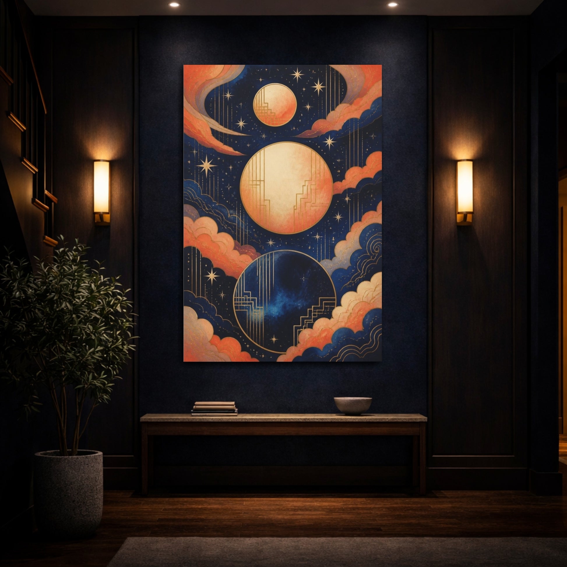 Mockup 4. Art Deco Moons shown as canvas print